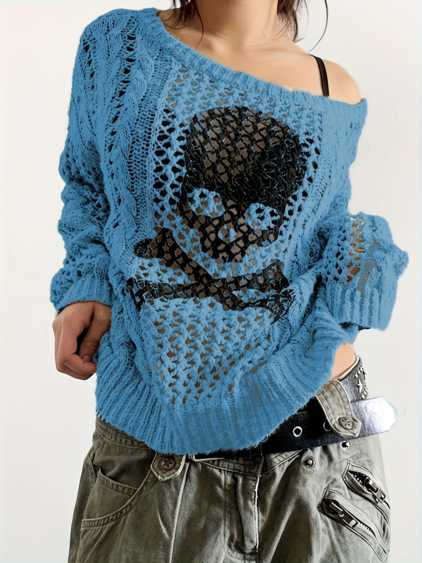 Y2K Gothic Skull Open Knit Oversized Sweater
