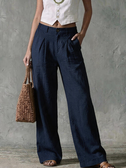 Women's Pleated Linen Blend High Waist Wide Leg Pants