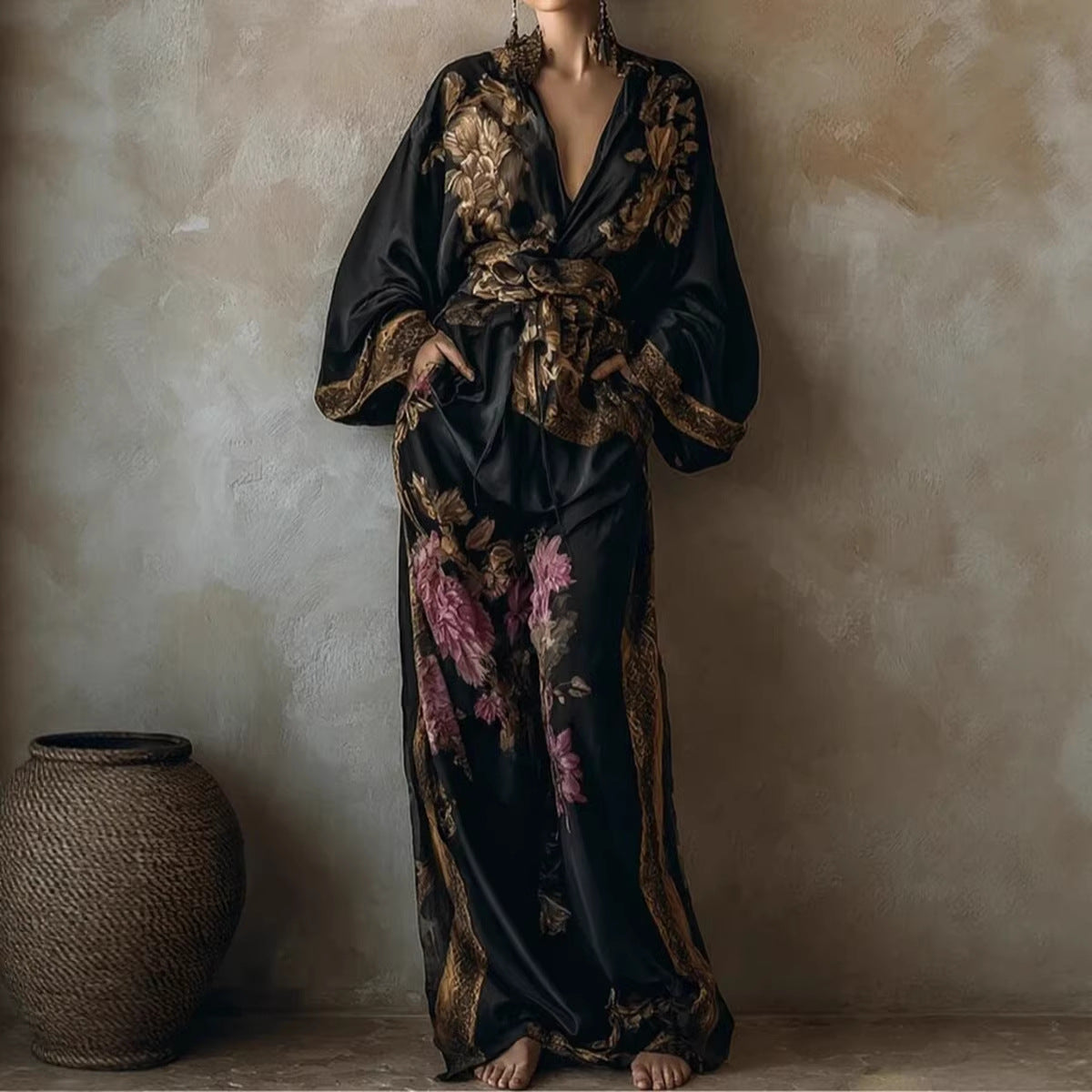 Women's Vintage Floral Deep V Belted Top Wide Leg Pants Set