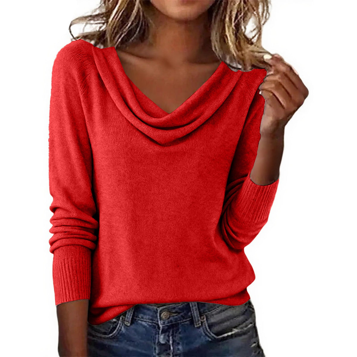 Women's Cowl Neck Puff Sleeve Solid Knit Sweater Top