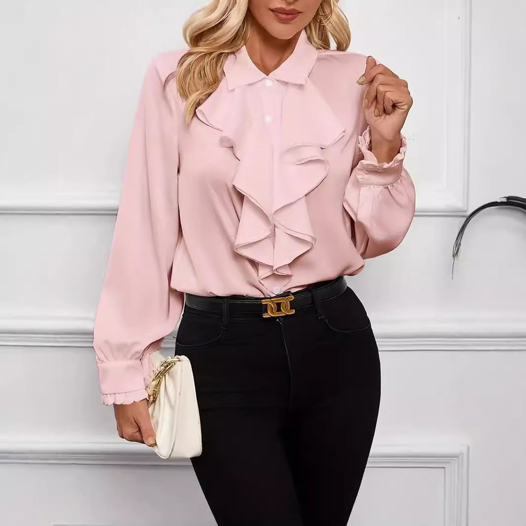 Womens Layered Ruffle Collared Long Sleeve Work Blouse