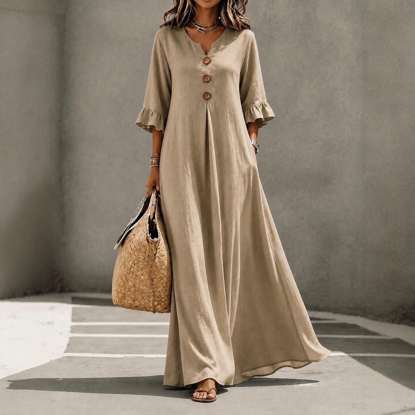 Women's V-Neck Boho Maxi Dress Ruffle Sleeve with Pockets