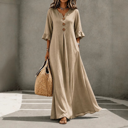 Women's V-Neck Boho Maxi Dress Ruffle Sleeve with Pockets