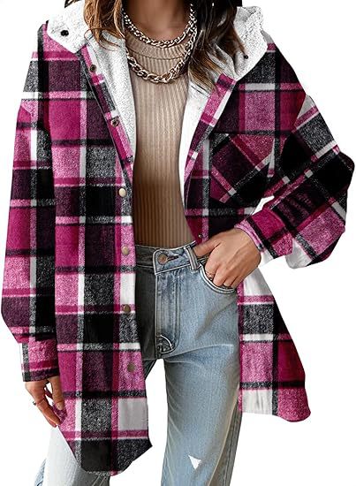 Women's Plaid Flannel Hooded Shacket Jacket