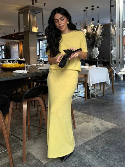 Ribbed Knit Two Piece Set Maxi Skirt Flutter Sleeve