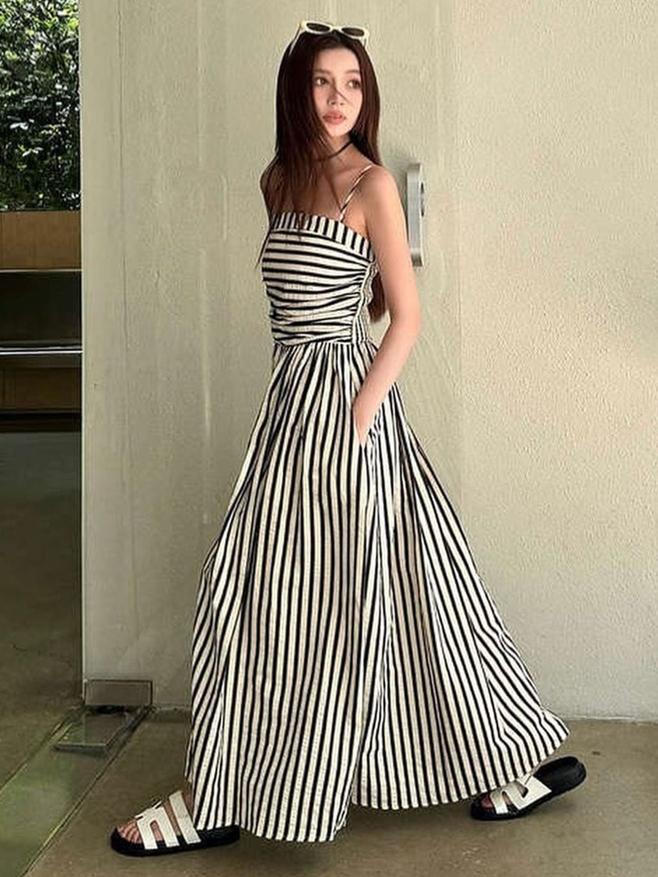 Striped Maxi Dress Smocked Spaghetti Strap Resort Dress