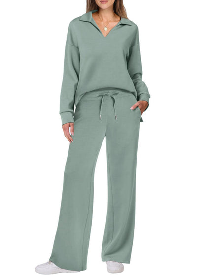 Women’s V Neck Two Piece Set Wide Leg Pants Outfit