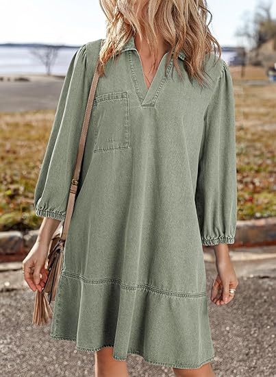 Women's V-Neck Denim Dress Puff Sleeve Tiered Jean Dress