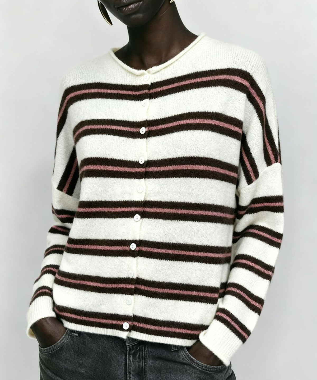 Women's Oversized Striped Button Front Knit Cardigan