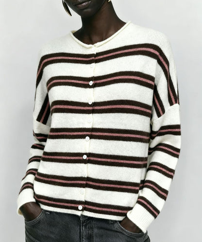 Women's Oversized Striped Button Front Knit Cardigan