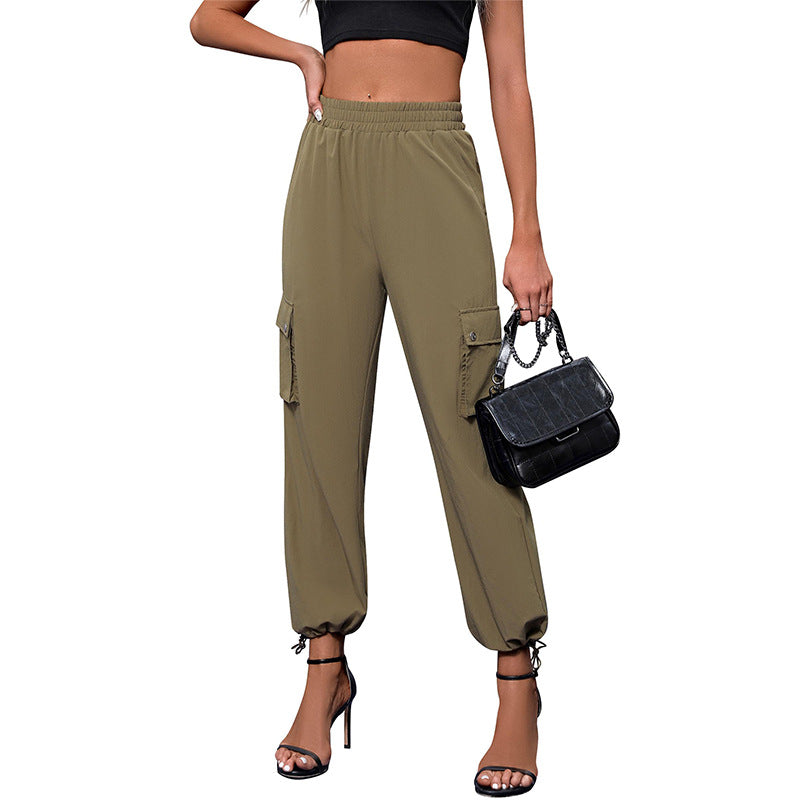 Women's High-Waisted Drawstring Cargo Pants, Baggy Parachute Utility Trousers