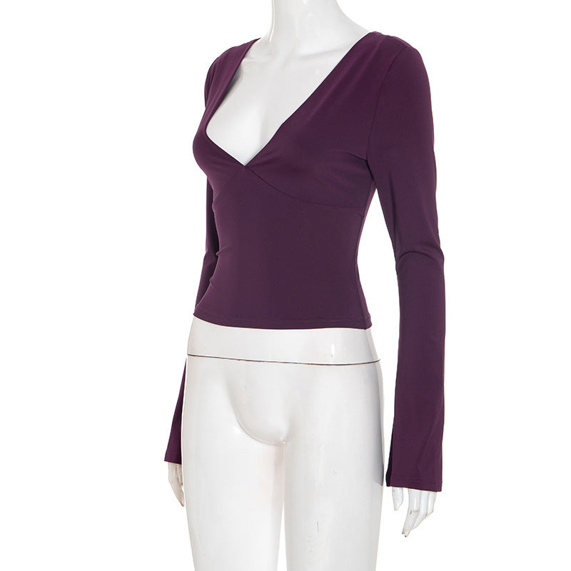 Sexy Deep V Neck Long Sleeve Bodycon Crop Top