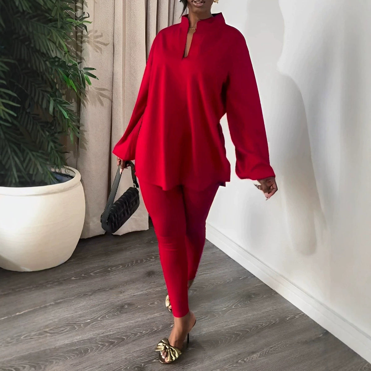 Boho Knit Split V-Neck Top & Leggings Two Piece Set