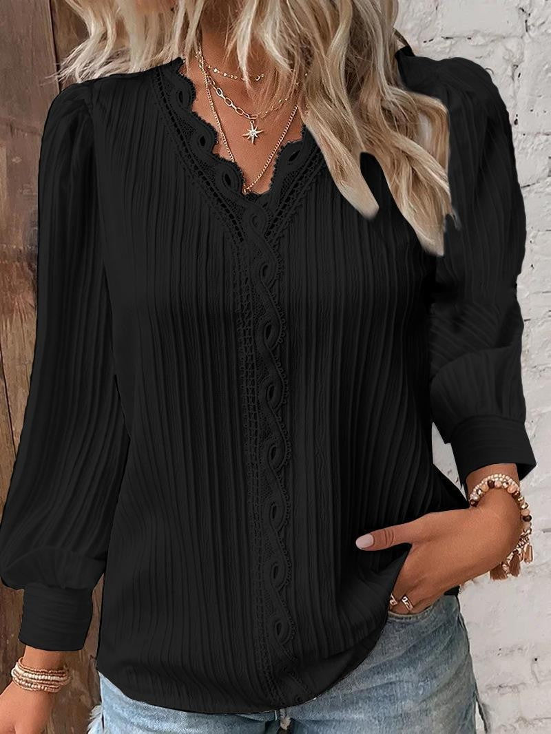 Women V Neck Eyelet Lace Puff Sleeve Blouse