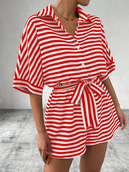 Striped Belted Button Down Romper with Half Sleeves