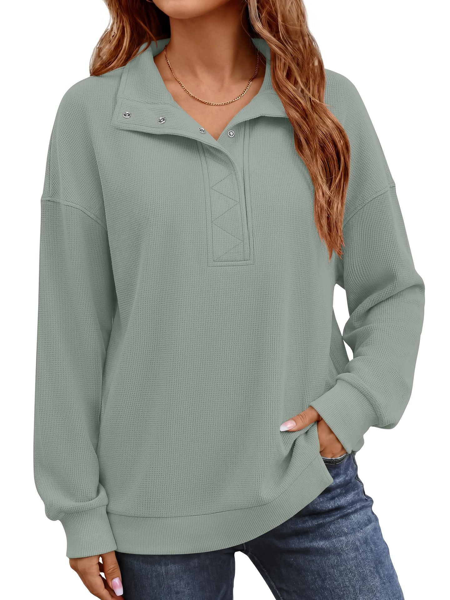 Women's Waffle Knit Oversized Button Pullover Sweatshirt