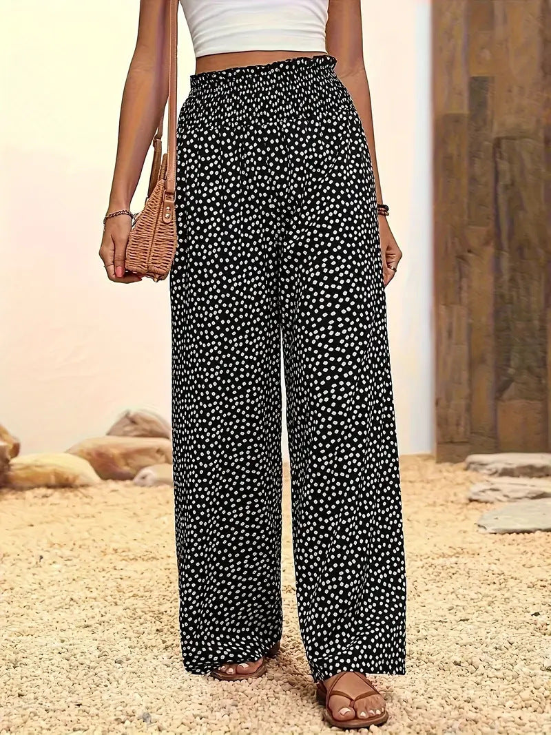 Women's Polka Dot Elastic Waist Wide Leg Casual Pants