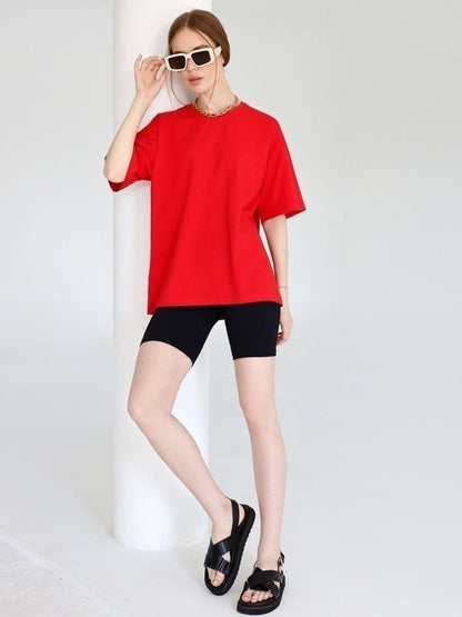 Solid Cotton T Shirt Loose Fit Crewneck Casual Top
