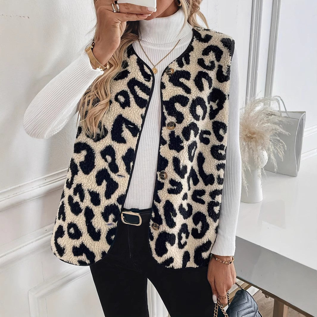 Leopard Print Sherpa Vest Button Front Fuzzy Layering