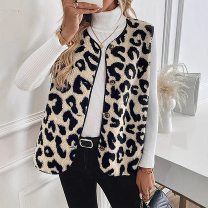 Leopard Print Sherpa Vest Button Front Fuzzy Layering