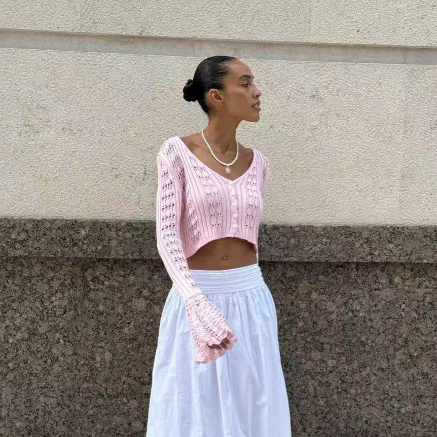 Women's Crochet Crop Cardigan V-Neck Bell Sleeve Top