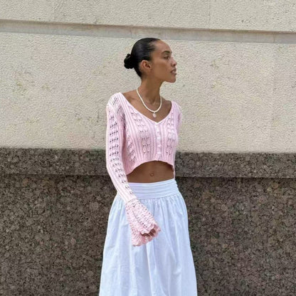 Women's Crochet Crop Cardigan V-Neck Bell Sleeve Top