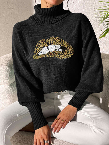 Ladies Bottom Shirt Sequin Embroidered Lip Turtleneck