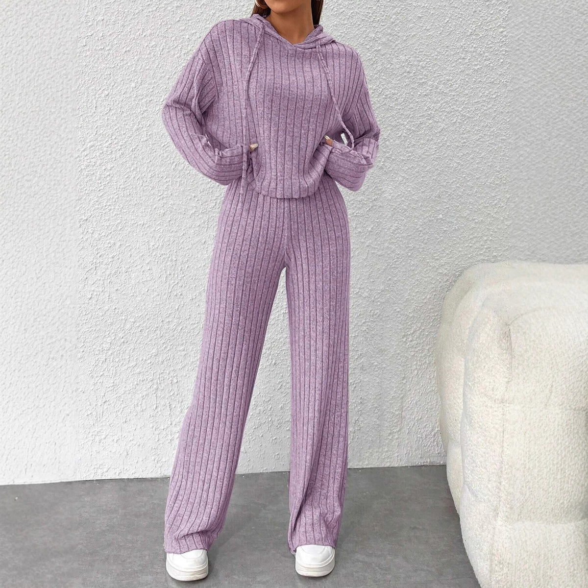 Women's Ribbed Knit Hoodie Wide Leg Pants Lounge Set