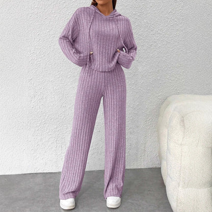 Women's Ribbed Knit Hoodie Wide Leg Pants Lounge Set