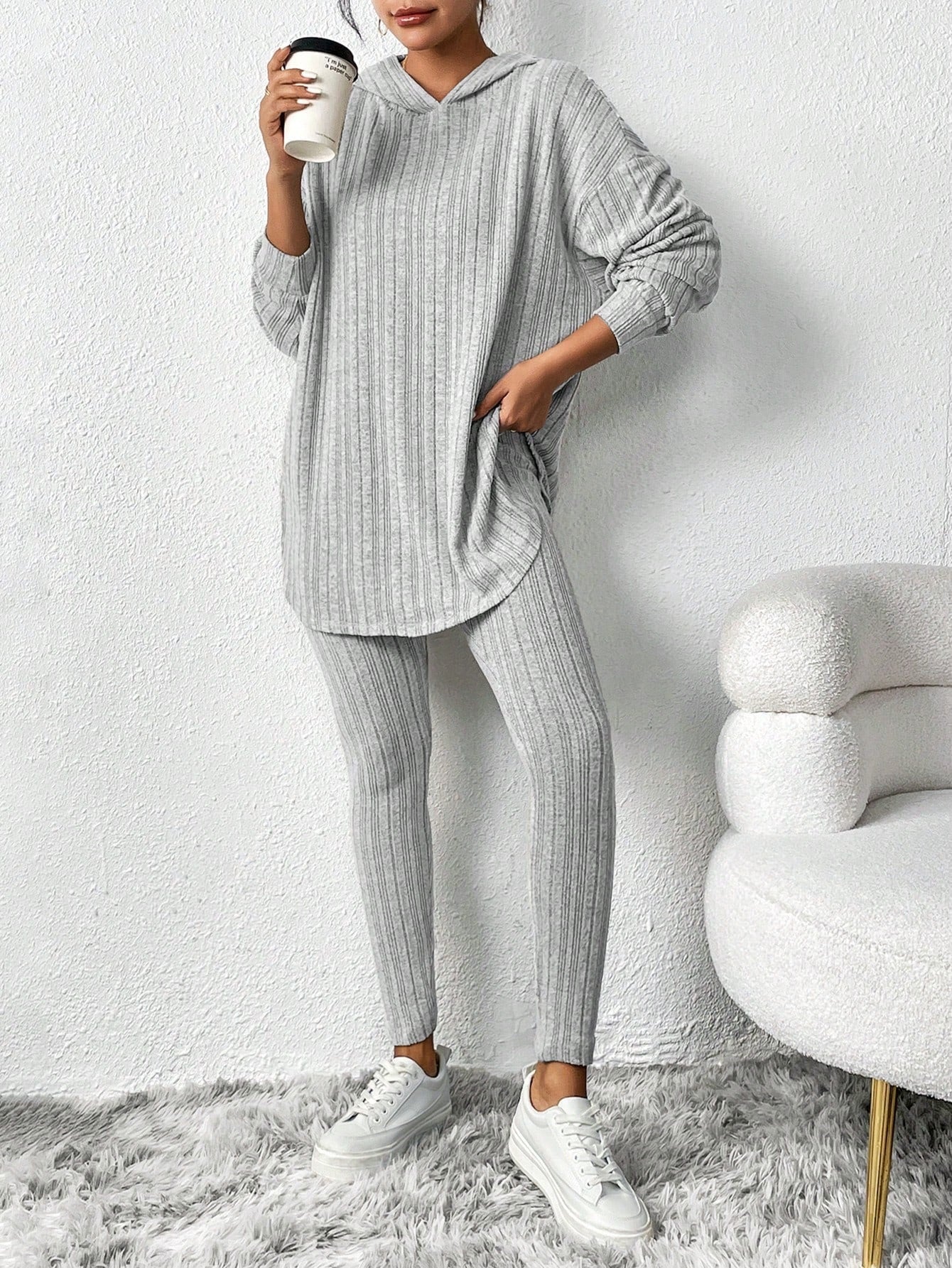 Women's Ribbed Oversized Hoodie Lounge Pants Set Fall