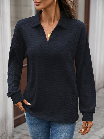 Women's Textured Collared Sweatshirt Long Sleeve Pullover