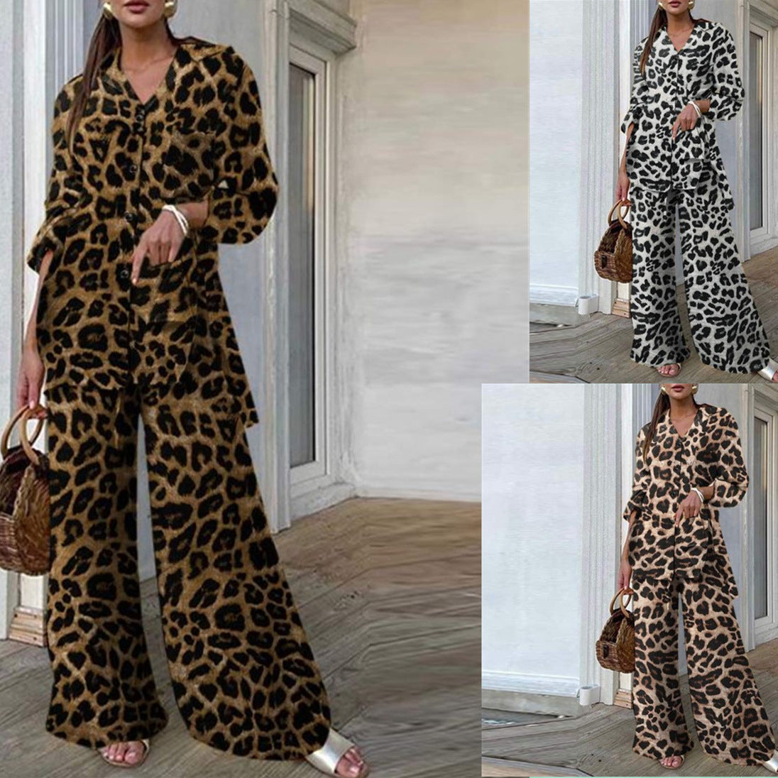 Women's Leopard Print Button Down Shirt Wide Leg Pants Set