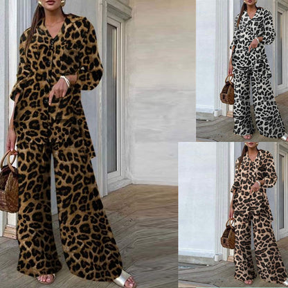 Women's Leopard Print Button Down Shirt Wide Leg Pants Set