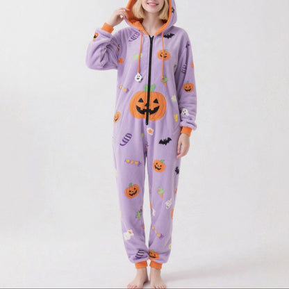 Women's Halloween Pumpkin Hooded Fleece Onesie
