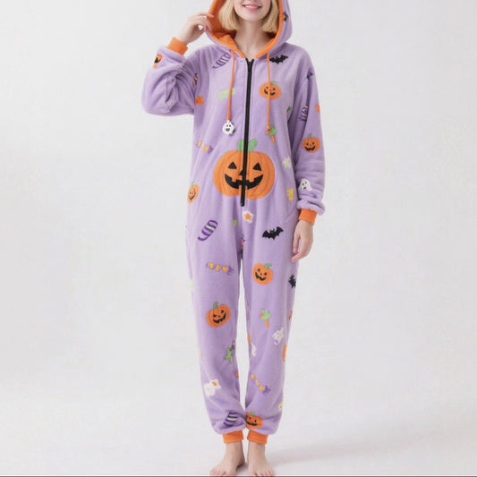 Women's Halloween Pumpkin Hooded Fleece Onesie
