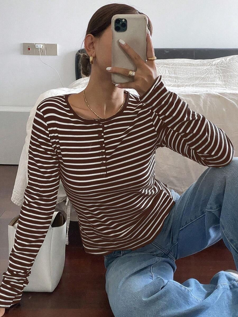 Striped thermal Henley top long sleeve fitted style
