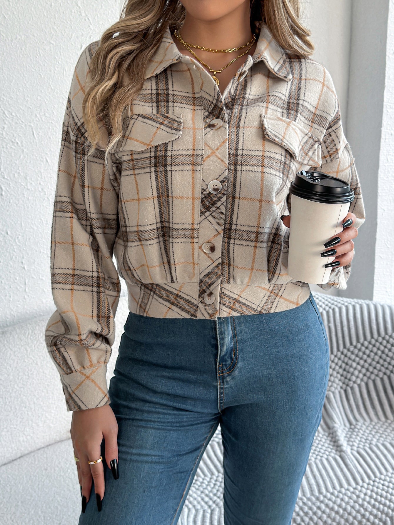 Plaid Button Front Long Sleeve Casual Jacket Coat