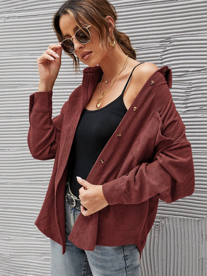 Oversized Corduroy Button-Down Shirt with Chest Pocket