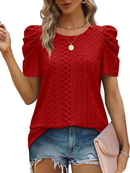 Loose Fit Ruched Sleeve Lace Knit T-Shirt for Women