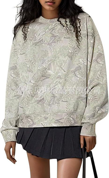 Women's Oversized Leaf Print Crewneck Sweatshirt