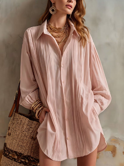 Women's Oversized Pleated Collared Shirt Long Sleeve Blouse