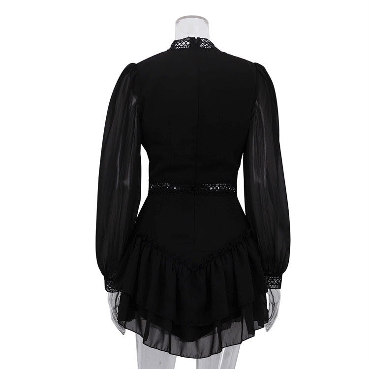 Black Chiffon Cutout Mini Dress Mock Neck Long Sleeve