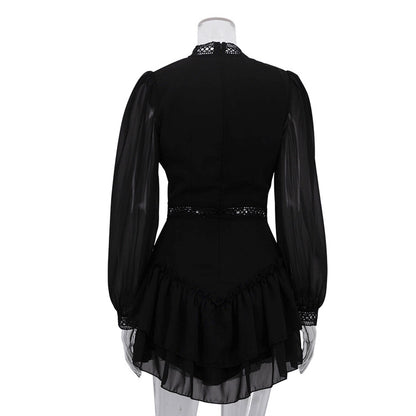 Black Chiffon Cutout Mini Dress Mock Neck Long Sleeve