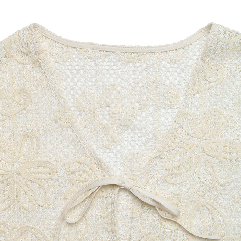 Women's Boho Tie Front V-Neck Short Sleeve Lace Cardigan