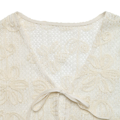 Women's Boho Tie Front V-Neck Short Sleeve Lace Cardigan