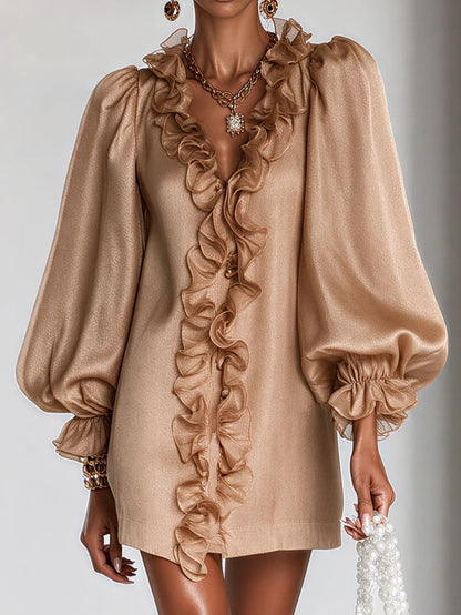 Women's Puff Sleeve Ruffle Deep V-Neck Mini Dress