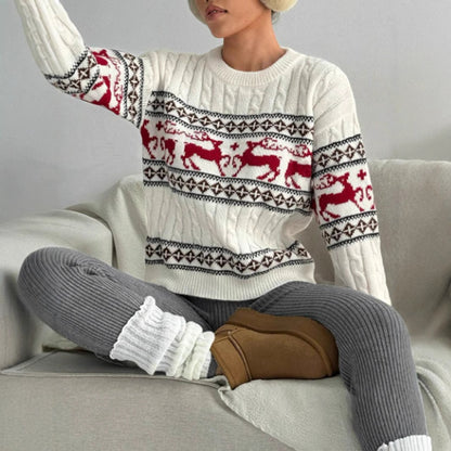 Women's Christmas Reindeer Cable Knit Crewneck Sweater