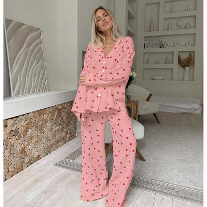 Women's Heart Print Cotton Pajama Set Long Sleeve Pants