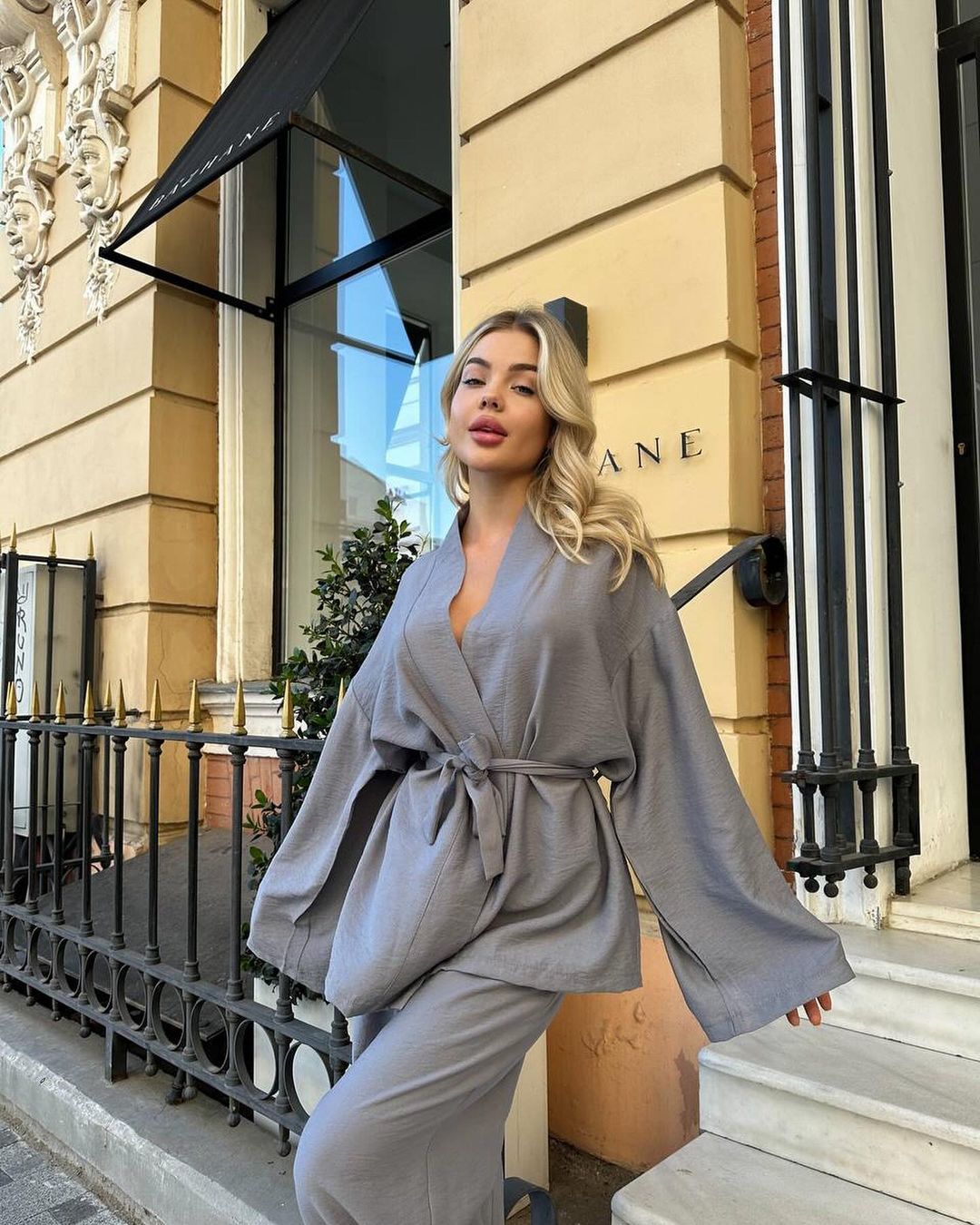 Women's Belted Wrap Top and Pants Two Piece Set