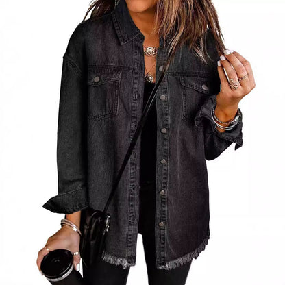Women's Oversized Denim Shacket Frayed Hem Jacket